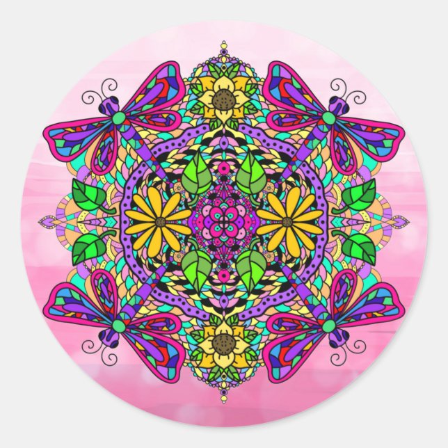 Sticker Rond Pink Dragonfly et Fleurs Mandala Hand Drake Art (Devant)