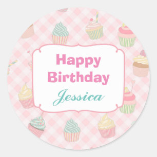 Sticker Rond Pink En vichy Cupcake Personnalisé Anniversaire
