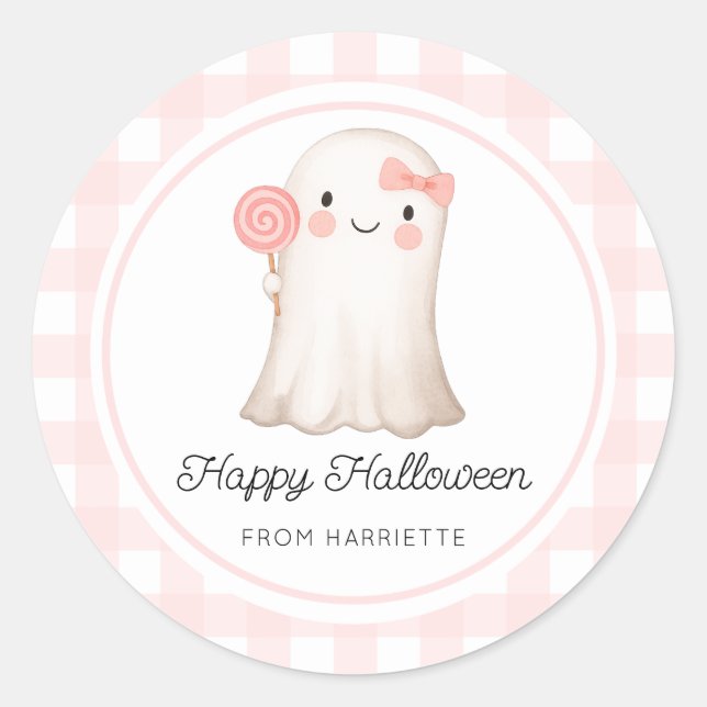 Sticker Rond Pink En vichy Halloween joyeux mignon Fantôme d'Ha (Devant)