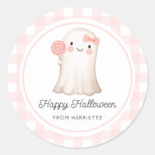 Sticker Rond Pink En vichy Halloween joyeux mignon Fantôme d'Ha