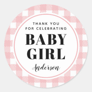 Sticker Rond Pink En vichy Plaid Merci bébé fille