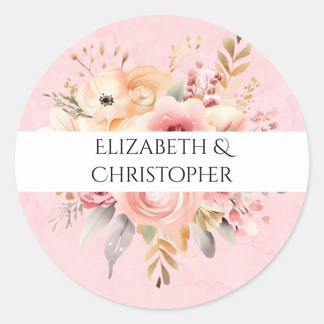 Sticker Rond Pink et or Chic Aquarelle Florals Mariage (Devant)
