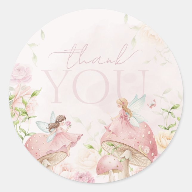 Sticker Rond Pink Fairy Mushroom Floral 1st Birthday Thanks (Devant)