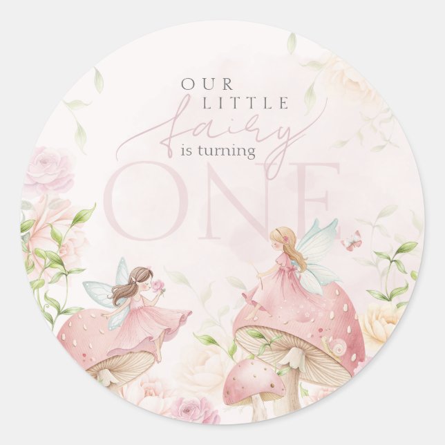 Sticker Rond Pink Fairy Mushroom Floral Garden 1st Birthday (Devant)
