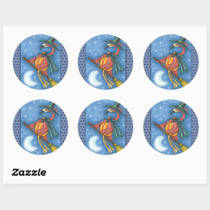 STICKER ROND PINK FLAMANT ROSE WITCH, VOL AU-DESSUS DE LA LUNE