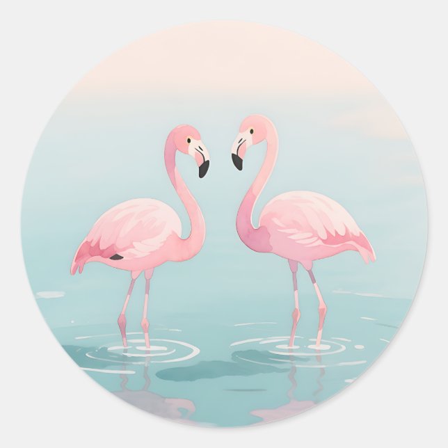 Sticker Rond Pink Flamingo Pair Watercolor Serenity (Devant)