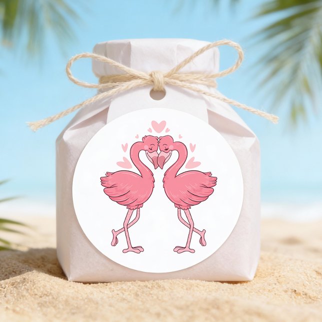 Sticker Rond Pink Flamingo Tropical Hawaiian Beach Wedding (Créateur téléchargé)