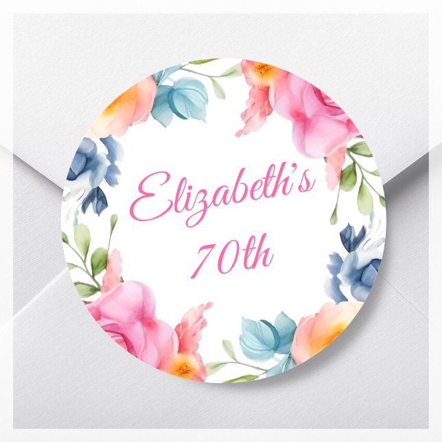Sticker Rond Pink Floral 70e fête d'anniversaire Favor (Créateur téléchargé)