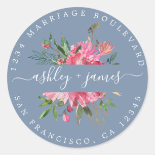 Sticker Rond Pink Floral Adresse de retour Enveloppe bleue Scea