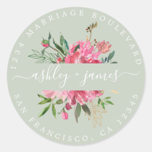 Sticker Rond Pink Floral Adresse de retour Enveloppe verte Scea