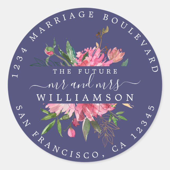 Sticker Rond Pink Floral Adresse de retour Navy Blue Enveloppe  (Devant)