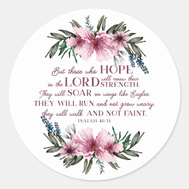 Sticker Rond Pink Floral Bible chrétienne Verse Isaïe 40 (Devant)