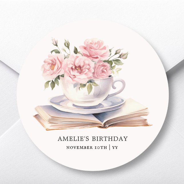 Sticker Rond Pink Floral Book Thème Anniversaire Favoriser Stic (Créateur téléchargé)