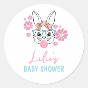 Sticker Rond Pink Floral Bunny Girl Baby shower personnalisé