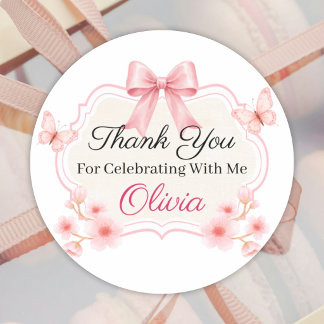 Sticker Rond Pink Floral Butterfly Birthday | Personalized