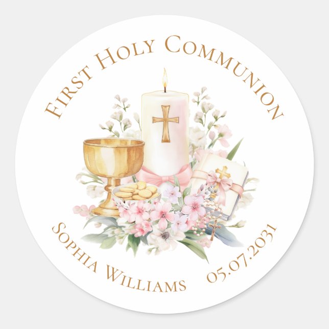 Sticker Rond Pink Floral Chalice First Holy Communion  (Devant)