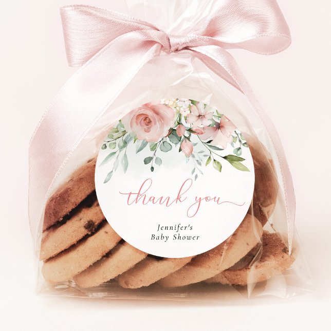 Sticker Rond Pink floral eucalyptus bébé douche merci (Créateur téléchargé)