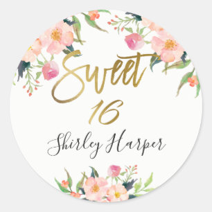Sticker Rond Pink Floral Gold Script Sweet sixteen 16 Anniversa