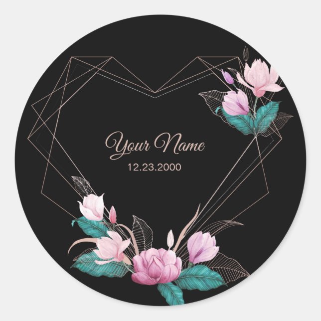 Sticker Rond Pink Floral Golden Geometric Elegant Black Party (Devant)