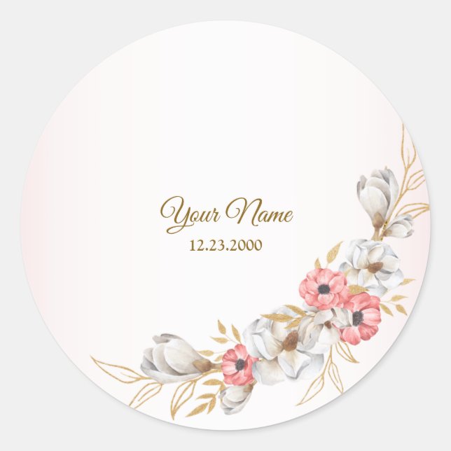 Sticker Rond Pink Floral Golden Peach Modern Wedding Party (Devant)