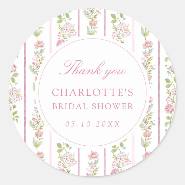 Sticker Rond Pink Floral Grandmillennial Bridal Shower (Devant)