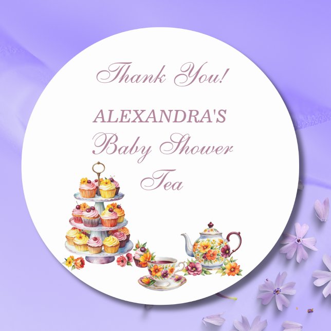 Sticker Rond Pink Floral Lilac Tea Party Baby Shower Favor  (Créateur téléchargé)