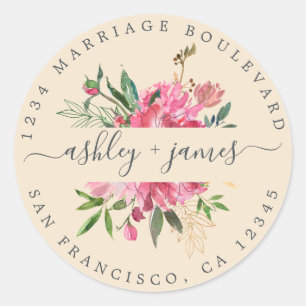 Sticker Rond Pink Floral Retour Adresse Enveloppe ivoire Sceau