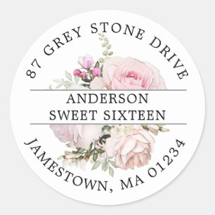 Sticker Rond Pink Floral Sweet 16 Adresse de retour Label