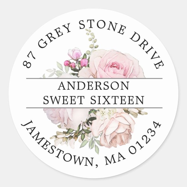 Sticker Rond Pink Floral Sweet 16 Adresse de retour Label (Devant)