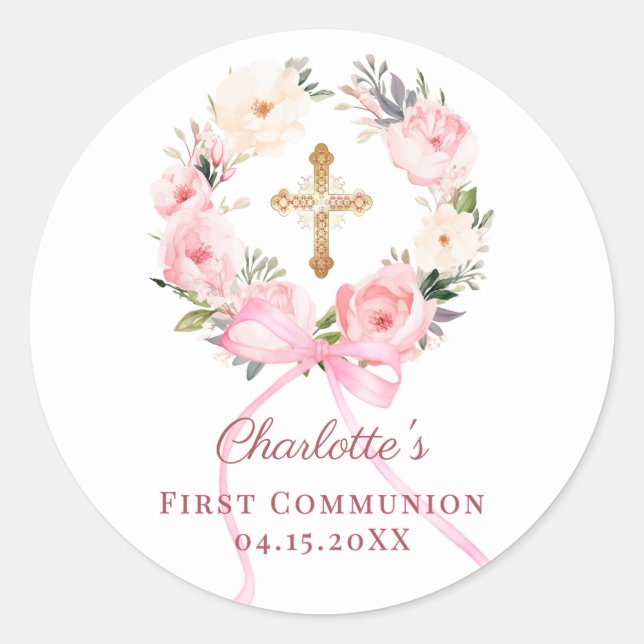 Sticker Rond Pink floral wreath bow First Communion (Devant)