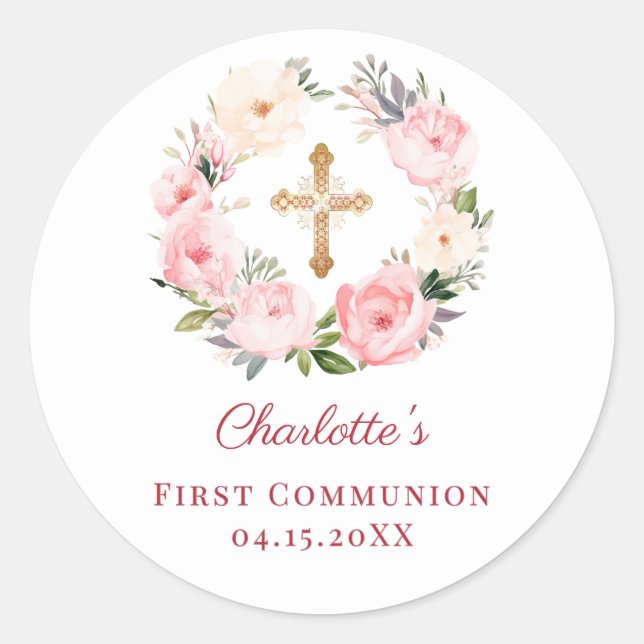 Sticker Rond Pink floral wreath First Communion (Devant)