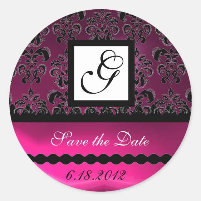 Sticker Rond PINK FUCHSIA PURPLE DAMASK CARRÉ MONOGRAM, violet (Devant)