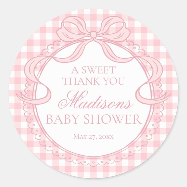 Sticker Rond Pink Gingham Coquette Bow Baby Shower Favor (Devant)