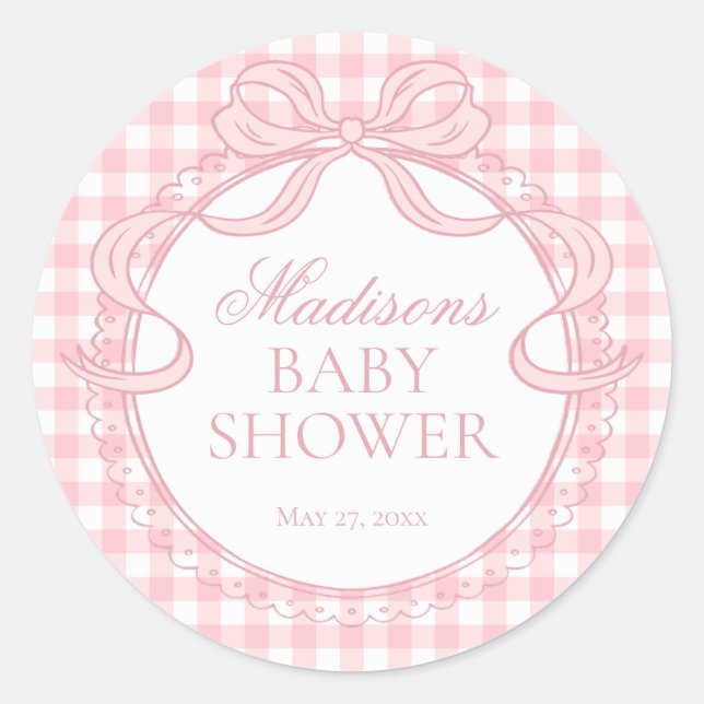 Sticker Rond Pink Gingham Coquette Bow Baby Shower Seal (Devant)