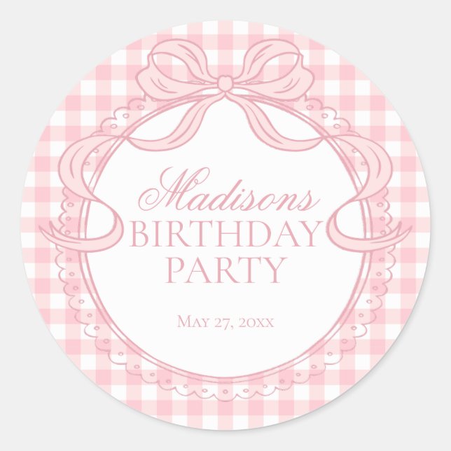 Sticker Rond Pink Gingham Coquette Bow Birthday Seal (Devant)
