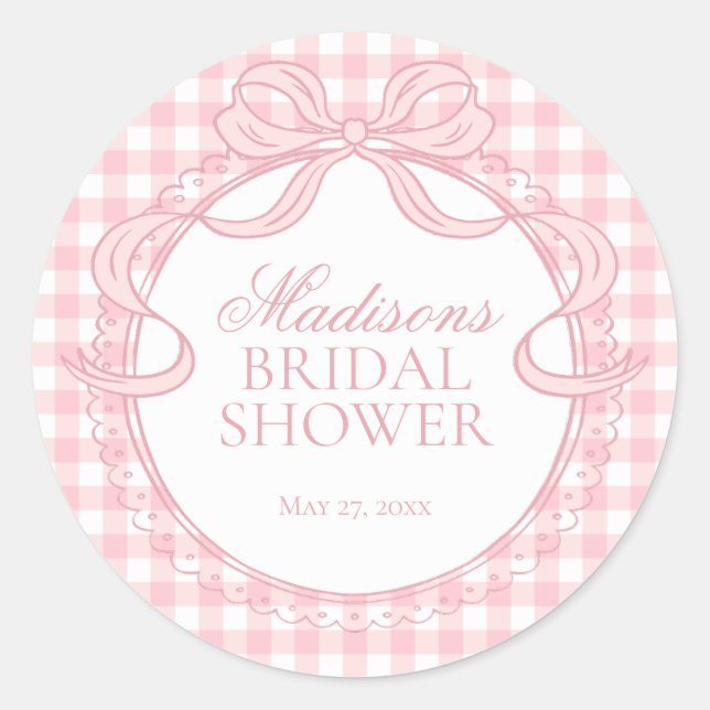 Sticker Rond Pink Gingham Coquette Bow Bridal Shower Seal (Devant)