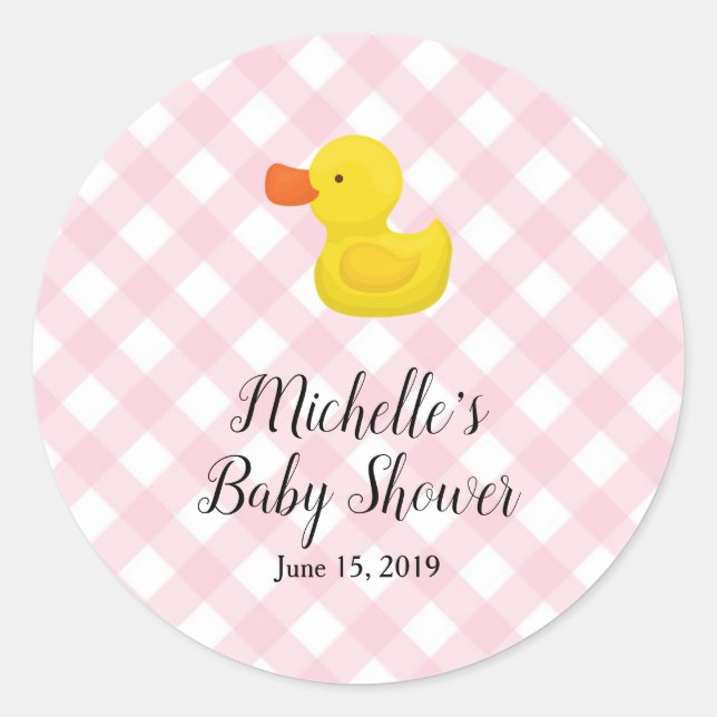Sticker Rond Pink Gingham Rubber Duckie Baby Shower (Devant)