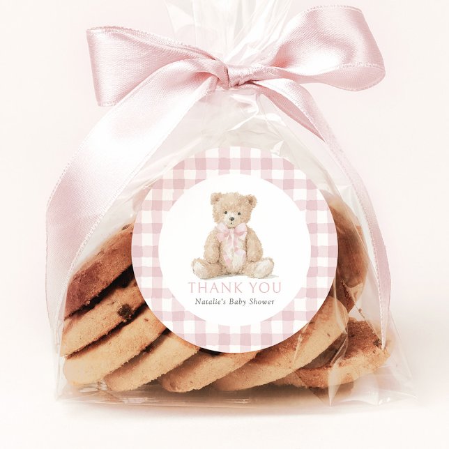Sticker Rond Pink Gingham Teddy Bear Baby Shower (Créateur téléchargé)