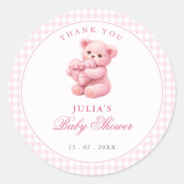 Sticker Rond Pink Gingham Teddy Bear Neutral Baby Shower (Devant)