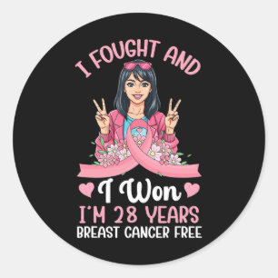 Sticker Rond Pink Girl I Fought Et I Won I'm 28 Years Breast C
