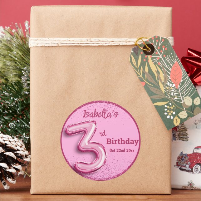 Sticker Rond Pink glitter cute balloon no.3 girly 3rd birthday (vacances)