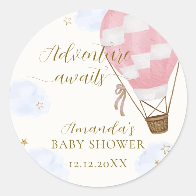 Sticker Rond Pink Gold Adventure Hot Air Balloon Baby shower (Devant)