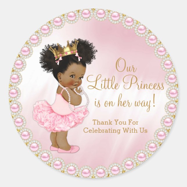 Sticker Rond Pink Gold Afro Princess Baby shower Favoriser (Devant)