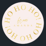 Sticker Rond Pink Gold Christmas Ho Ho Ho ID1009<br><div class="desc">Si vous vous demandez quelles combinaisons de couleurs choisir pour votre décoration de Noël et vos fournitures d'enveloppement cadeau cette année, j'ai créé des collections de motifs de coordination pour rendre la vie un peu plus facile. Cet élégant design typographique de Noël présente "Ho Ho Ho" dans un motif circulaire...</div>