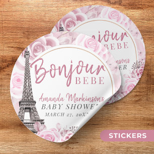 Sticker Rond Pink Gold Floral Bonjour Bebe Baby shower