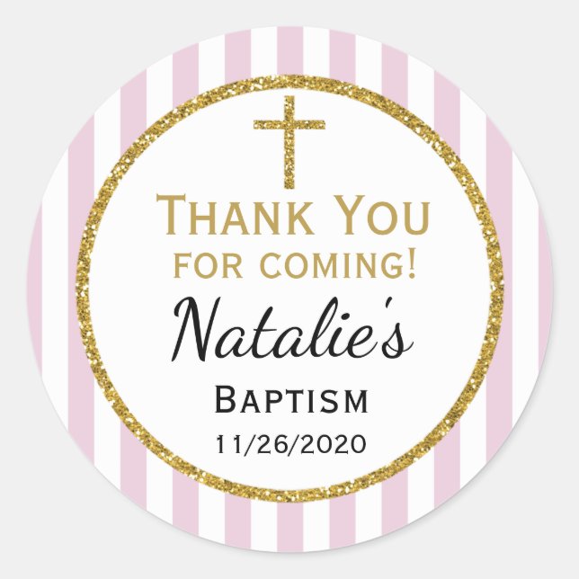 Sticker Rond Pink Gold Girls Baptism Merci Favor Tags (Devant)