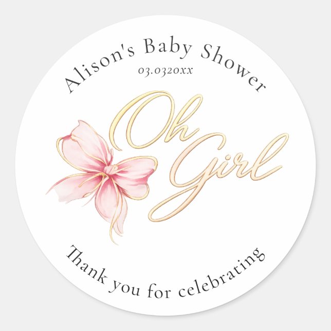 Sticker Rond Pink & Gold “Oh Girl” Gold Typography Baby Shower (Devant)