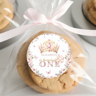 Sticker Rond Pink Gold Princess Crown 1er anniversaire Blush Fl