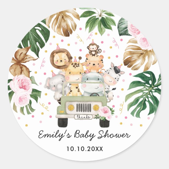 Sticker Rond Pink Gold Safari Jungle Animaux Verdure bébé fille (Devant)