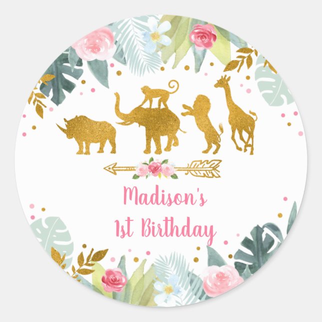 Sticker Rond Pink Gold Safari verdure Anniversaire (Devant)